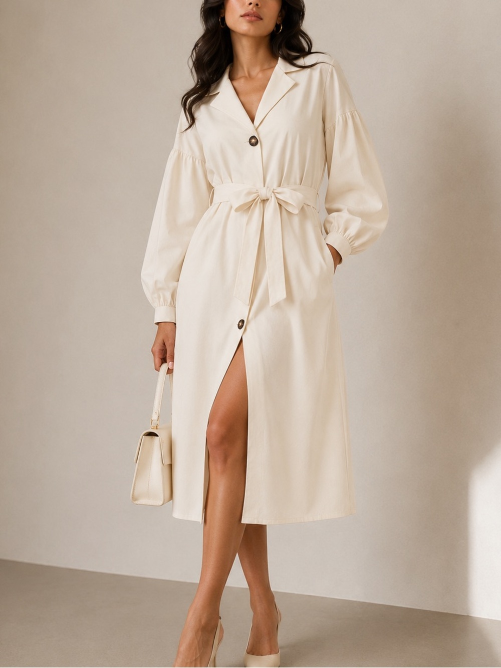 Blogger favorite Beige Button Front Shirt Dress Long Sleeve Tie Waist Midi Dress